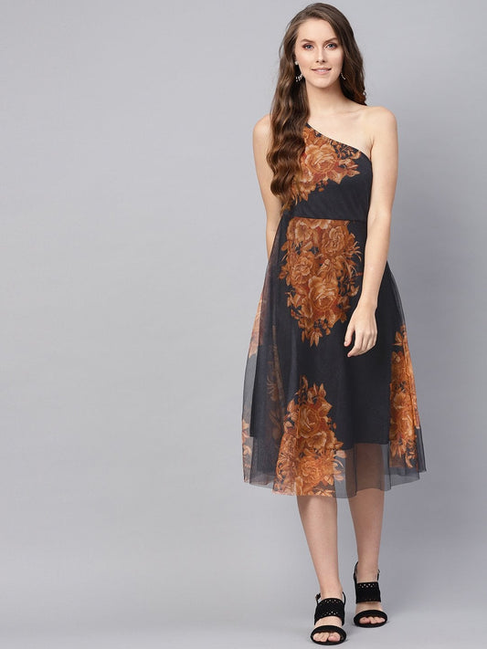Women's Black Floral Mesh One Shoulder Midi