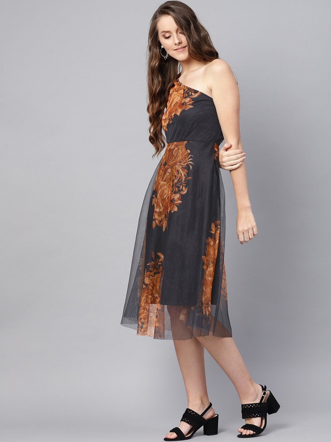 Women's Black Floral Mesh One Shoulder Midi