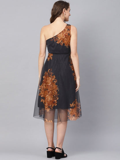 Women's Black Floral Mesh One Shoulder Midi