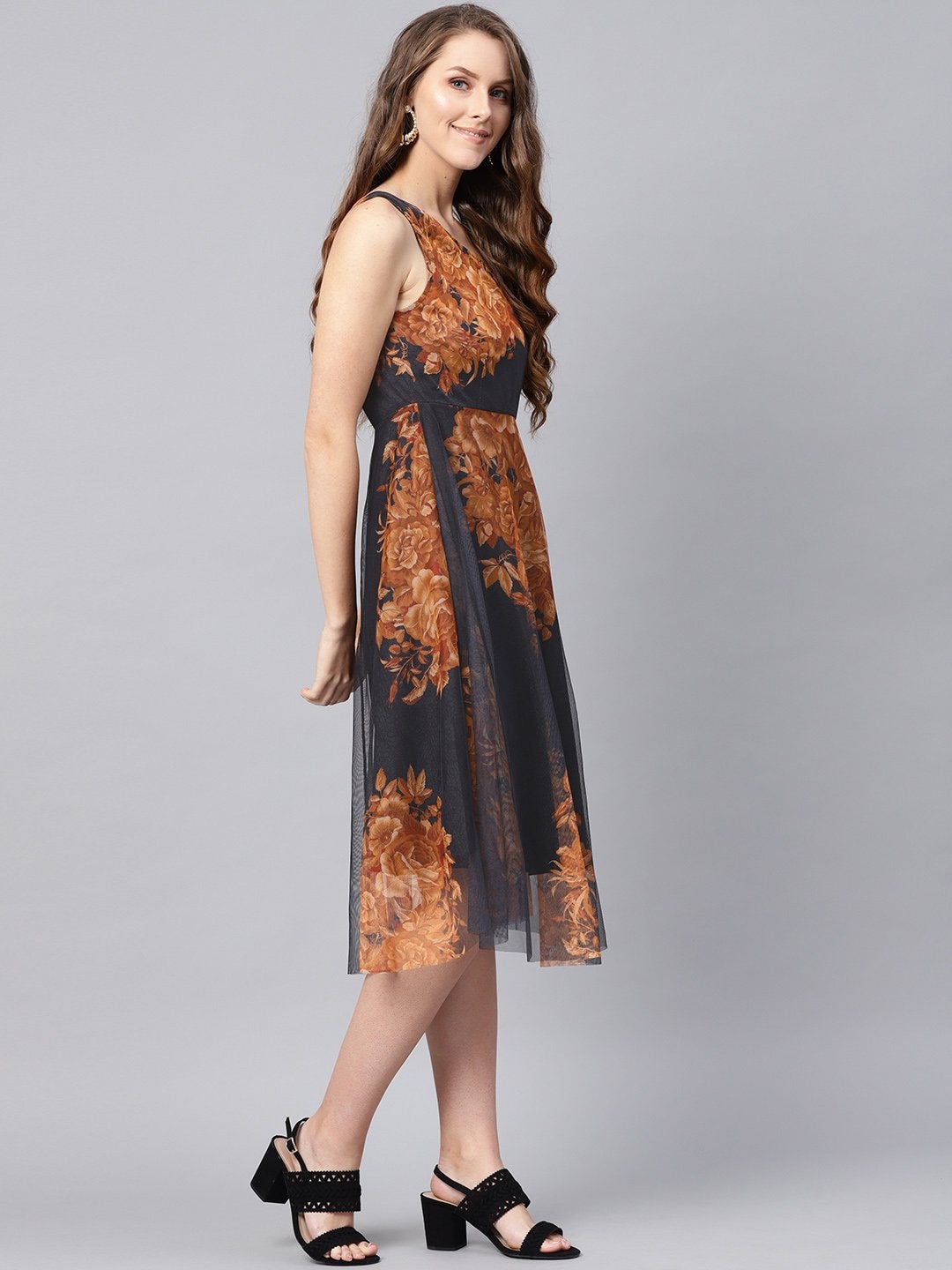 Women's Black Floral Mesh One Shoulder Midi