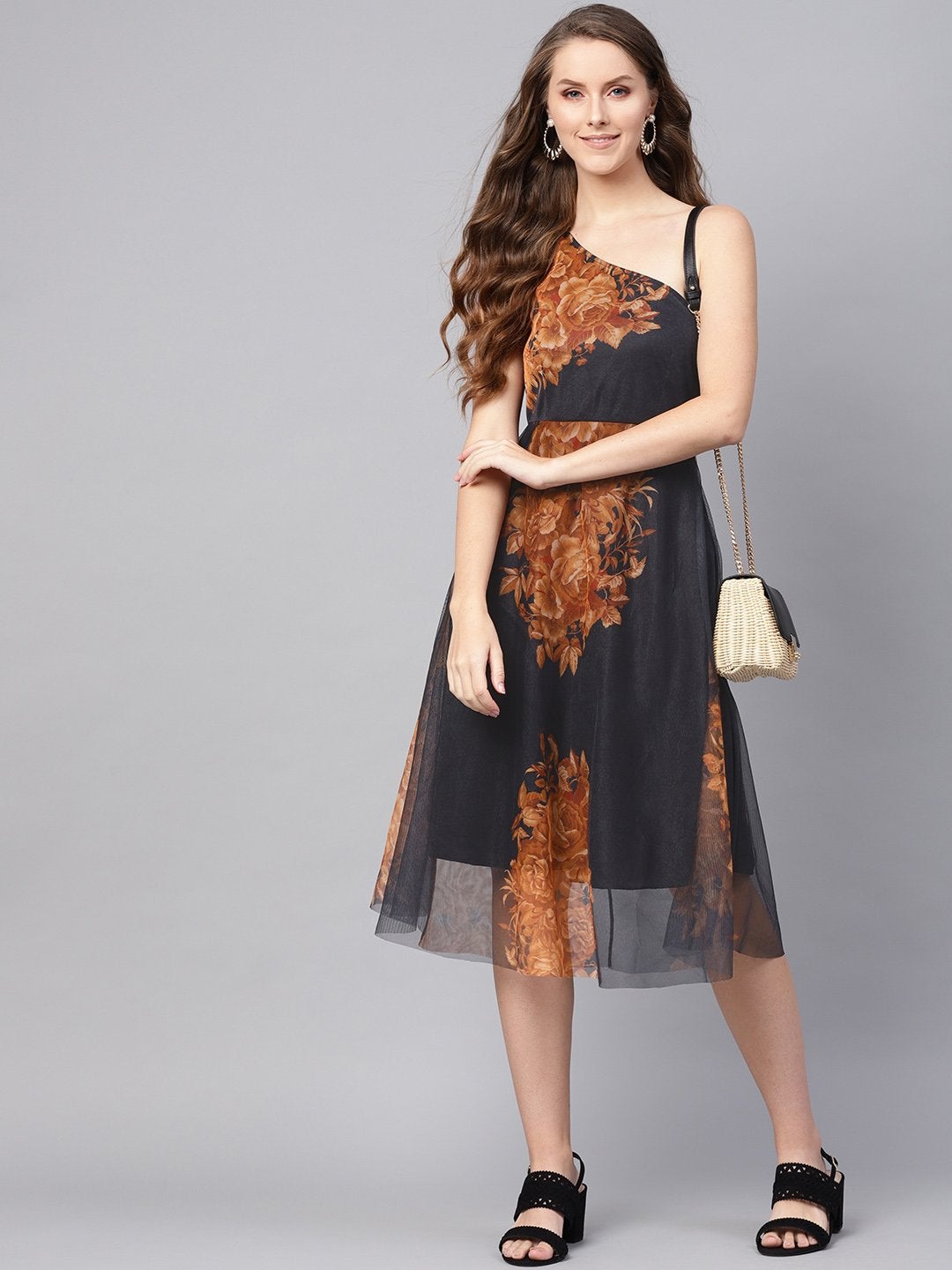 Women's Black Floral Mesh One Shoulder Midi