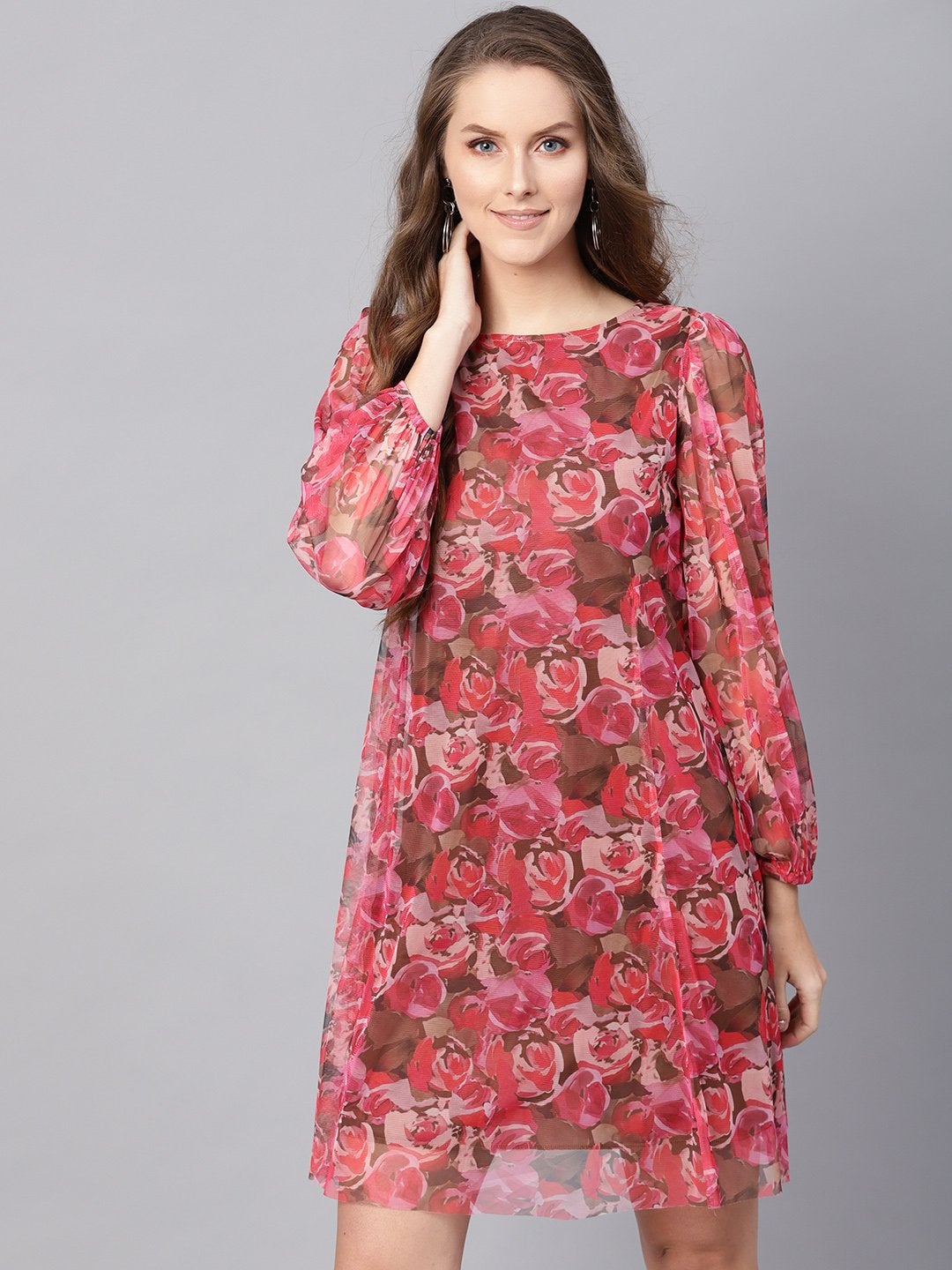 Women's Pink Rose Floral Mesh A-Line Dress