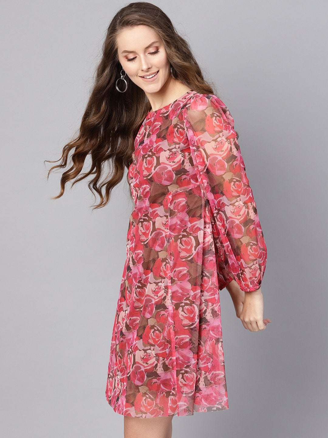 Women's Pink Rose Floral Mesh A-Line Dress