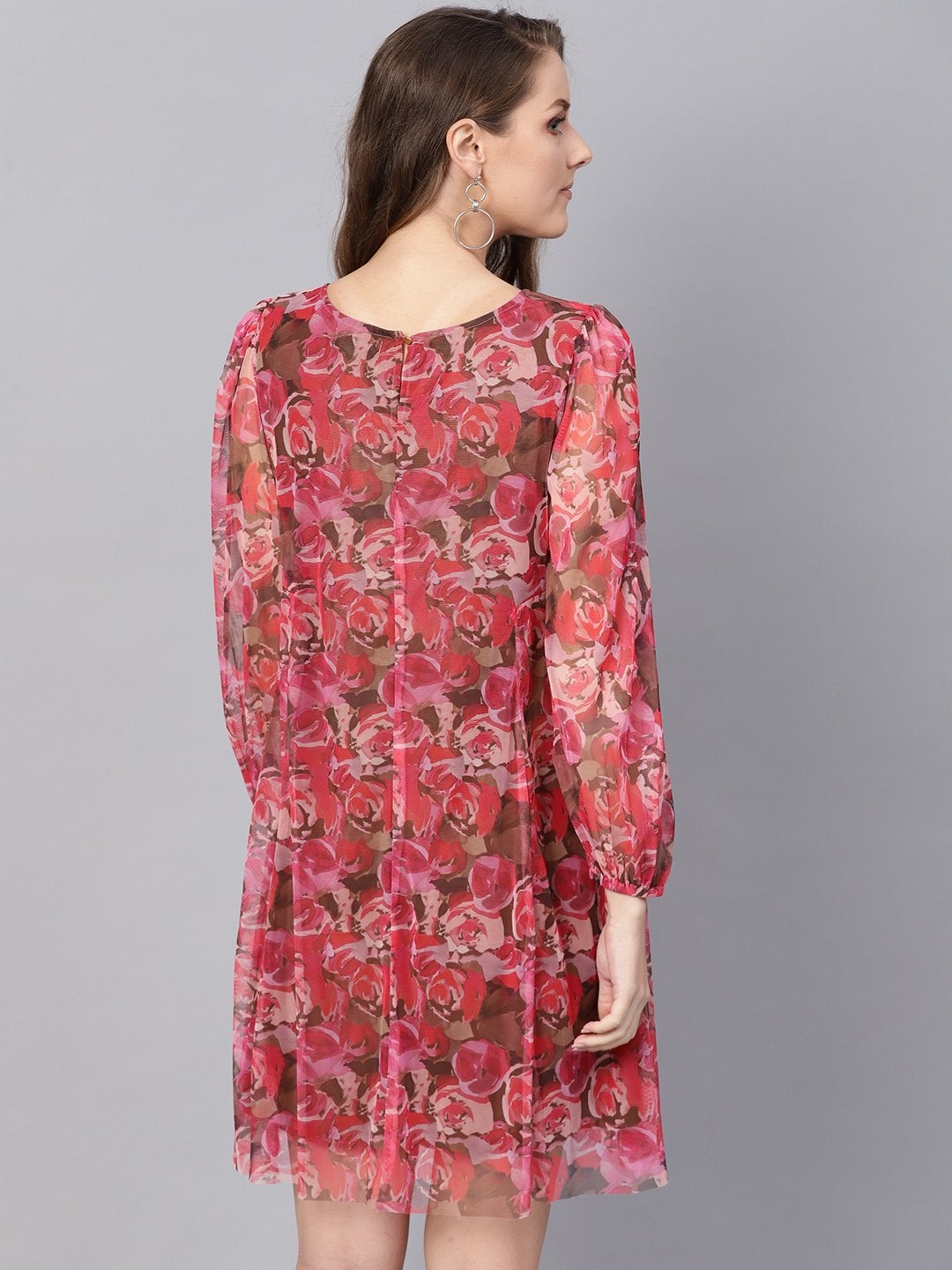 Women's Pink Rose Floral Mesh A-Line Dress