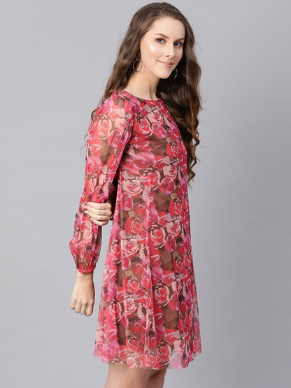 Women's Pink Rose Floral Mesh A-Line Dress