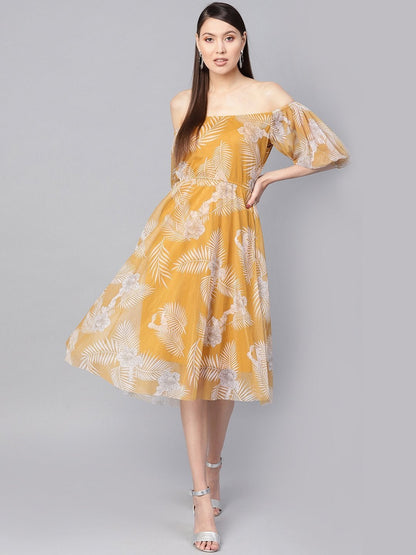 Women's Mustard Floral Mesh Off Shoulder Midi Dress