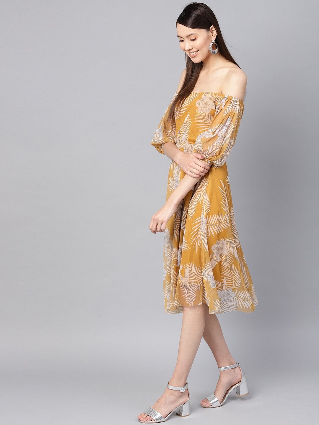 Women's Mustard Floral Mesh Off Shoulder Midi Dress