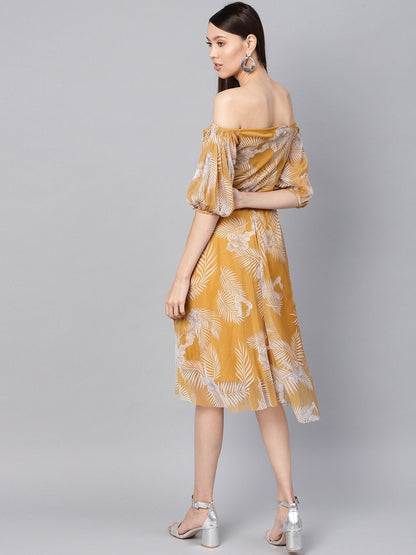 Women's Mustard Floral Mesh Off Shoulder Midi Dress