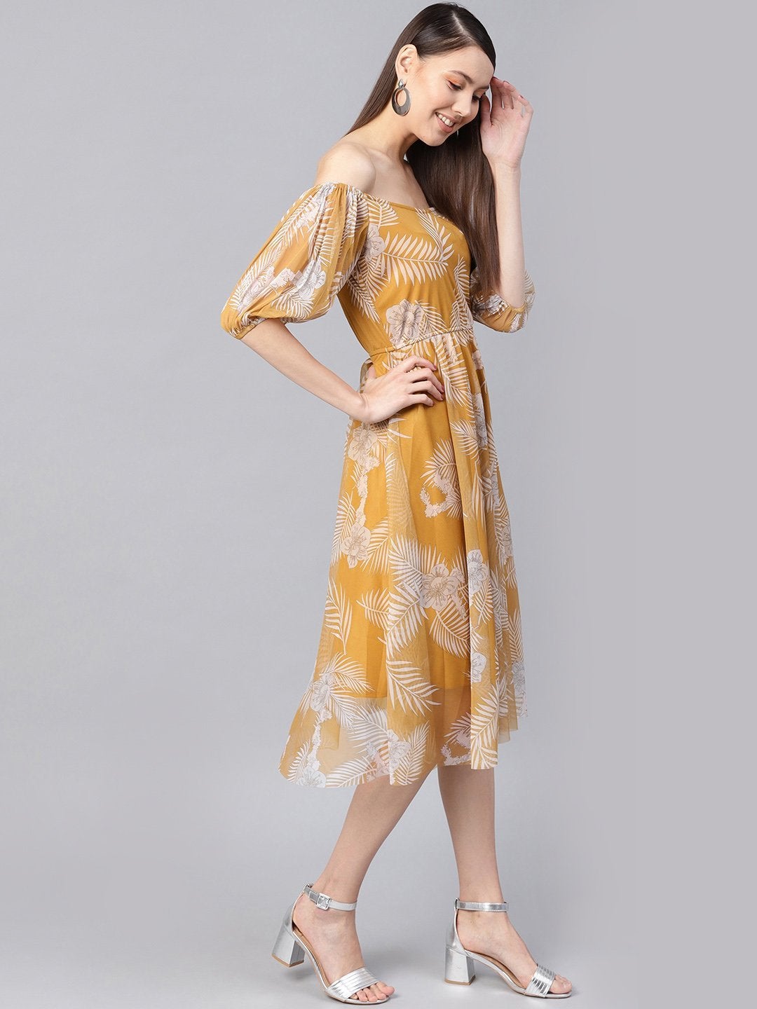 Women's Mustard Floral Mesh Off Shoulder Midi Dress