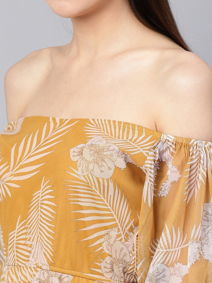 Women's Mustard Floral Mesh Off Shoulder Midi Dress