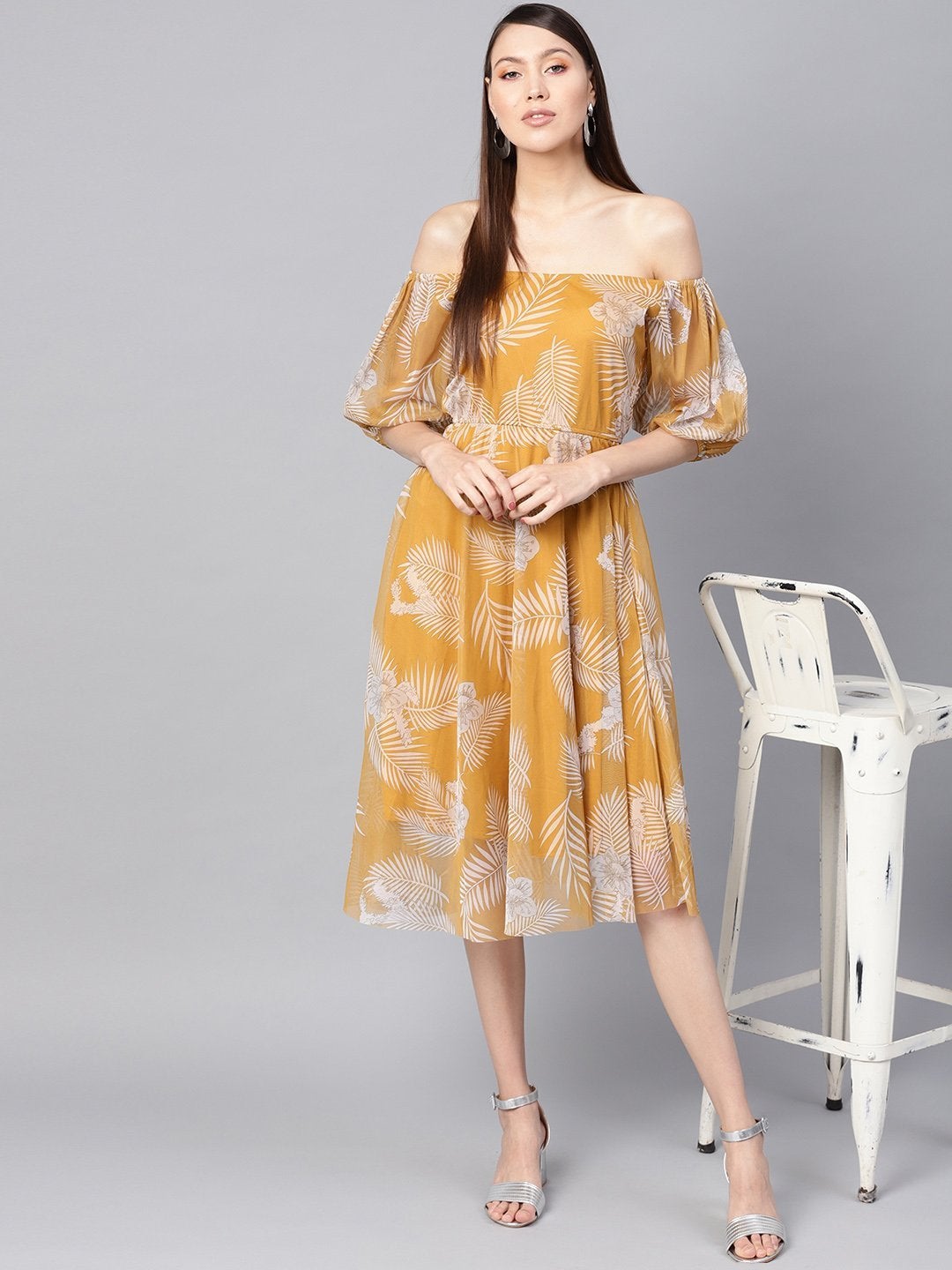 Women's Mustard Floral Mesh Off Shoulder Midi Dress
