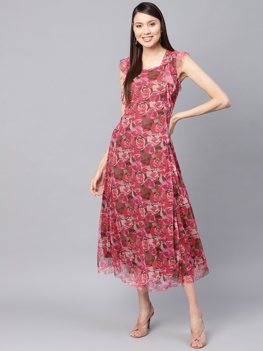 Women's Pink Rose Floral Front Ruffles Maxi