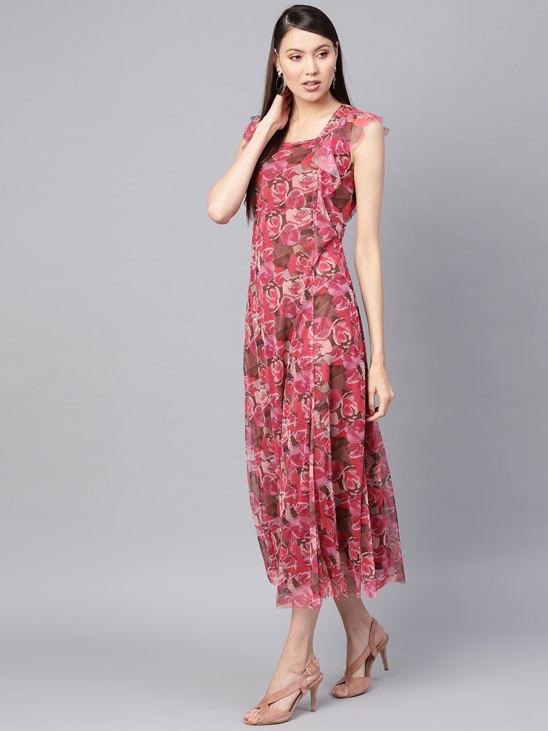 Women's Pink Rose Floral Front Ruffles Maxi