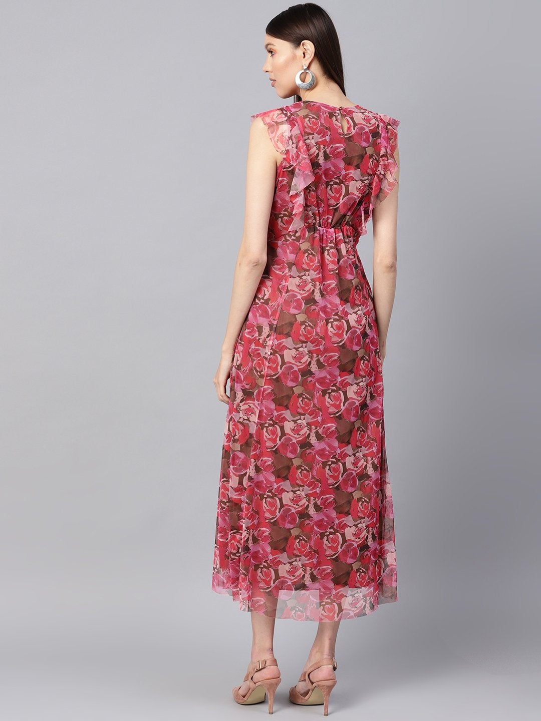 Women's Pink Rose Floral Front Ruffles Maxi
