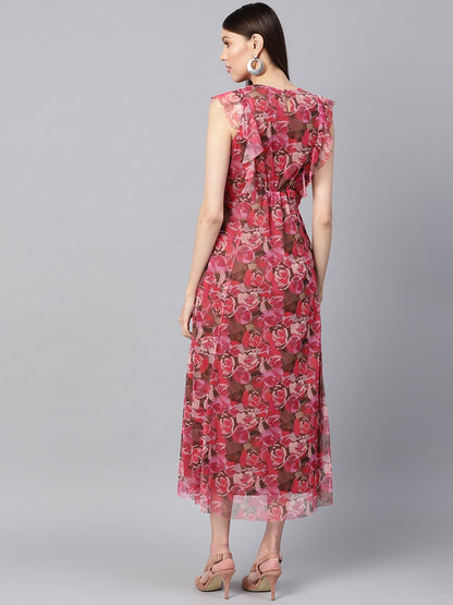 Women's Pink Rose Floral Front Ruffles Maxi