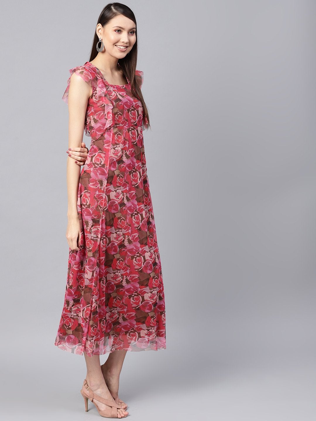 Women's Pink Rose Floral Front Ruffles Maxi
