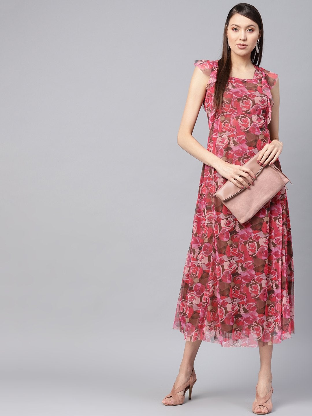 Women's Pink Rose Floral Front Ruffles Maxi