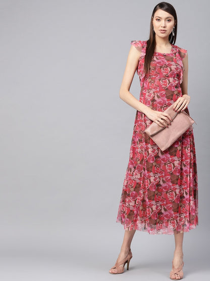 Women's Pink Rose Floral Front Ruffles Maxi