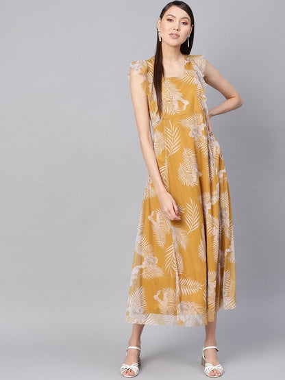 Women's Mustard Floral Front Ruffles Maxi