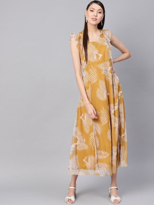 Women's Mustard Floral Front Ruffles Maxi