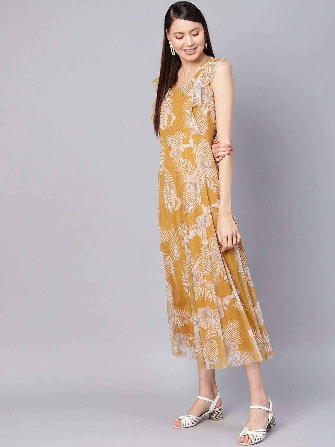 Women's Mustard Floral Front Ruffles Maxi
