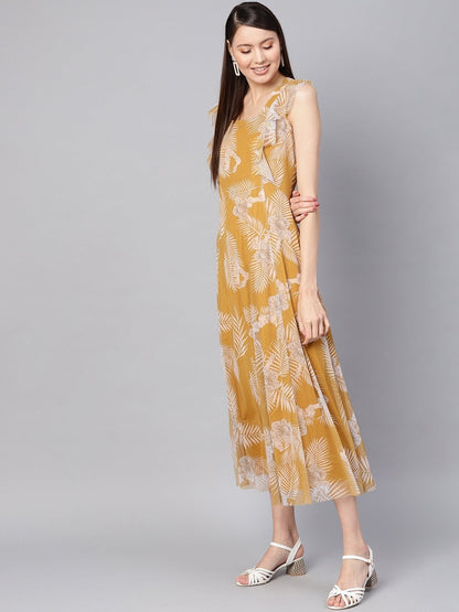 Women's Mustard Floral Front Ruffles Maxi