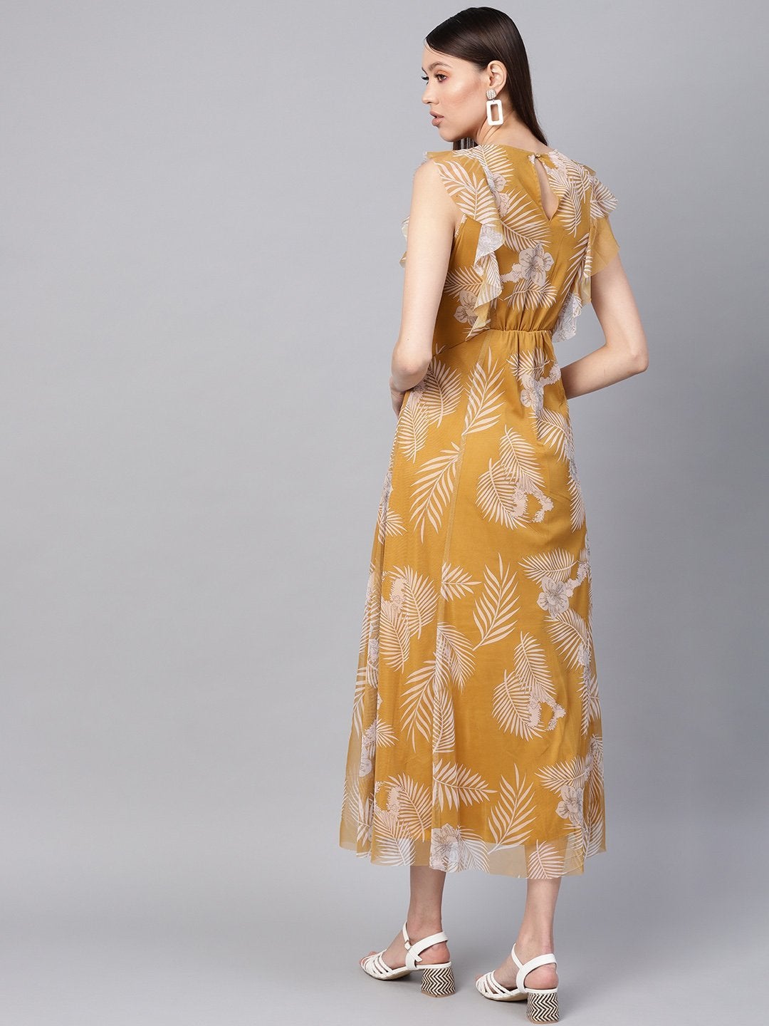 Women's Mustard Floral Front Ruffles Maxi