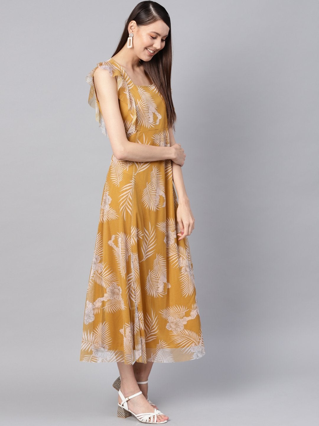 Women's Mustard Floral Front Ruffles Maxi