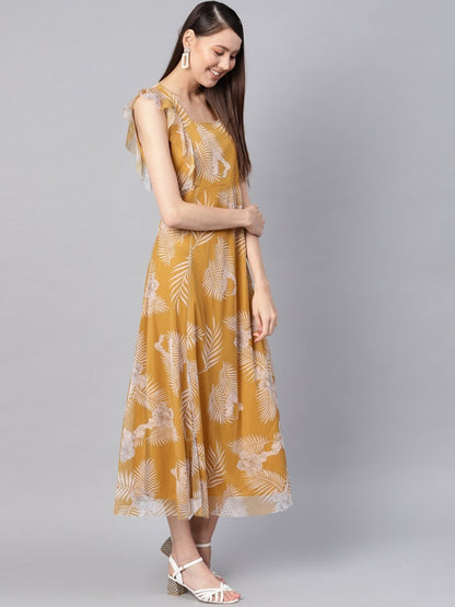 Women's Mustard Floral Front Ruffles Maxi