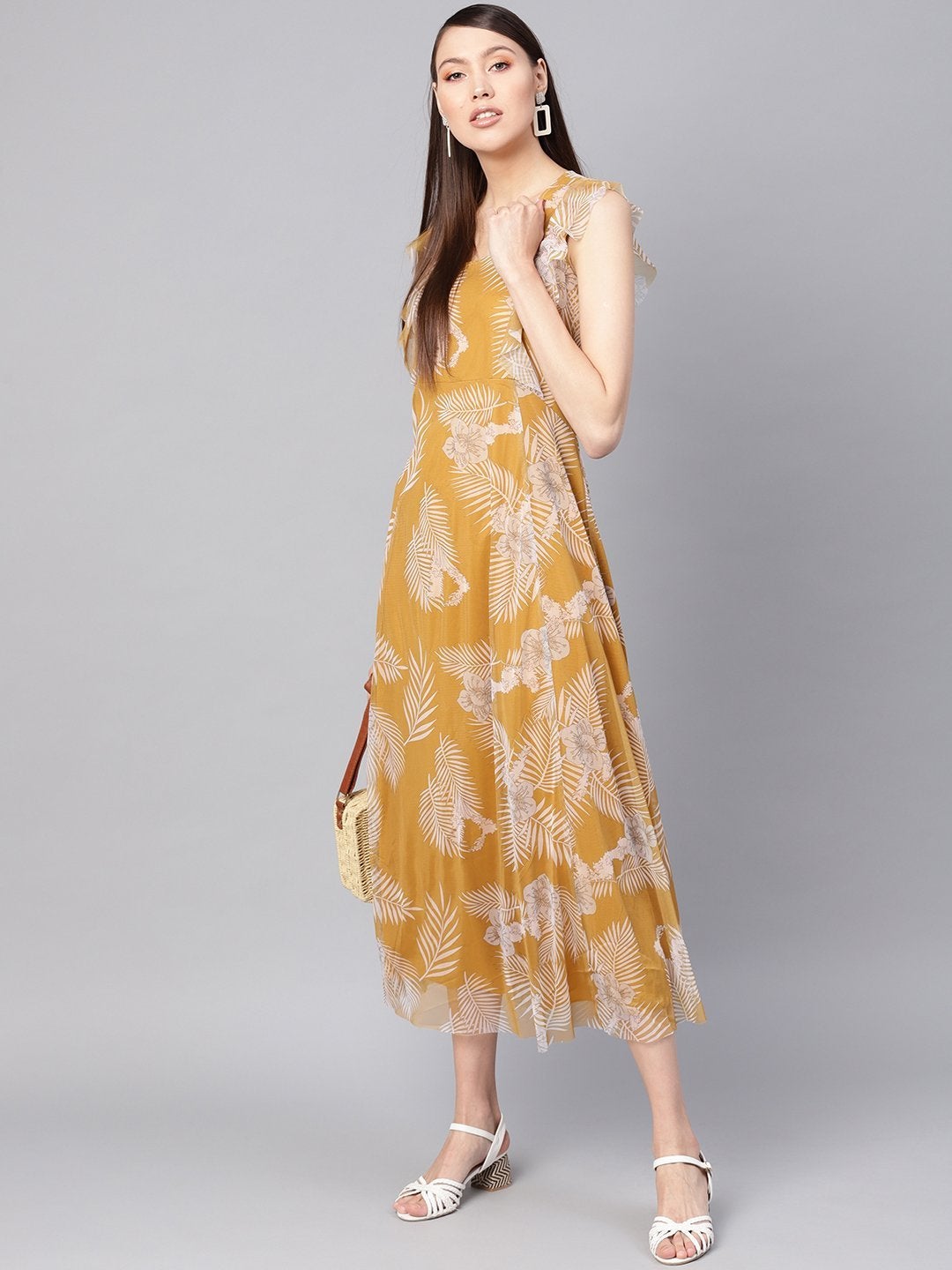 Women's Mustard Floral Front Ruffles Maxi