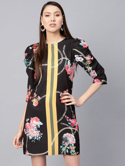 Women's Black Floral Placement Print Shift Dress