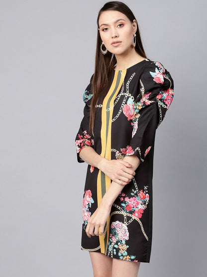 Women's Black Floral Placement Print Shift Dress