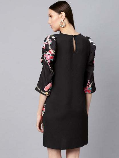 Women's Black Floral Placement Print Shift Dress