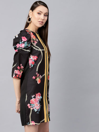 Women's Black Floral Placement Print Shift Dress