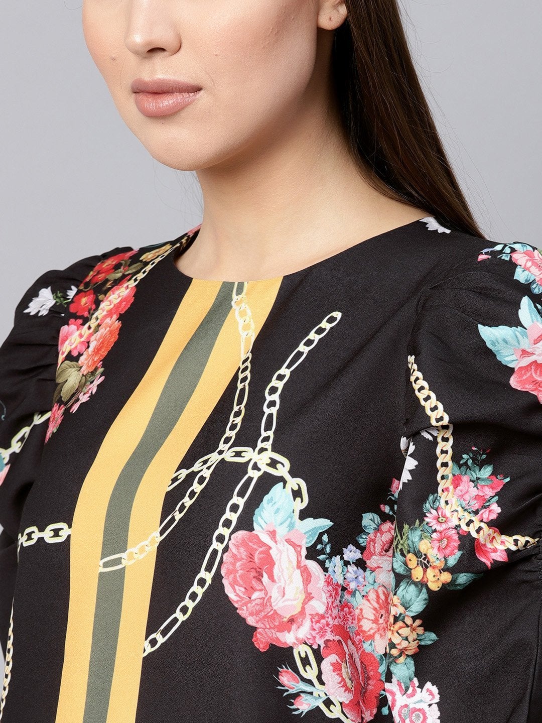 Women's Black Floral Placement Print Shift Dress