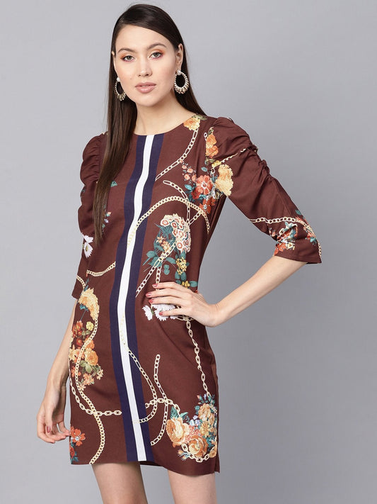 Women's Burgundy Floral Placement Print Shift Dress