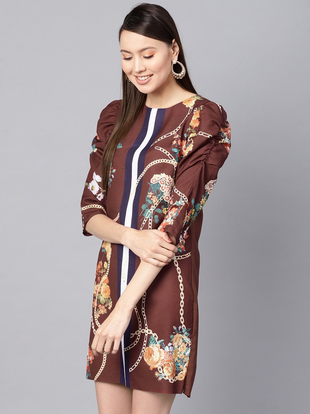 Women's Burgundy Floral Placement Print Shift Dress