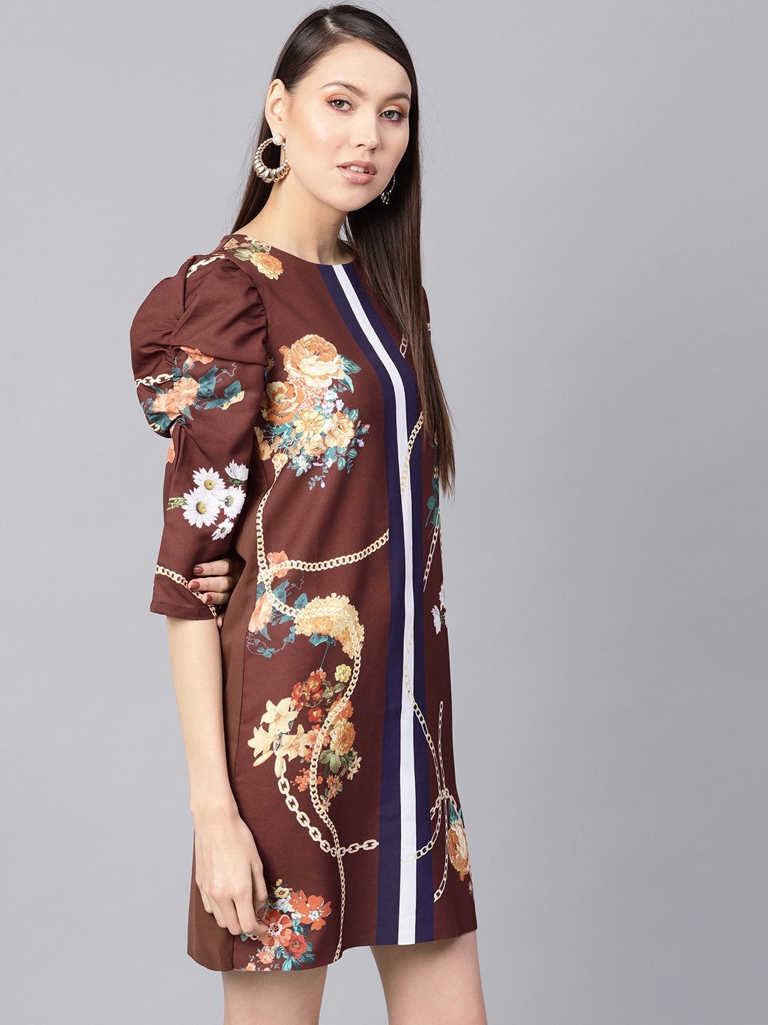 Women's Burgundy Floral Placement Print Shift Dress