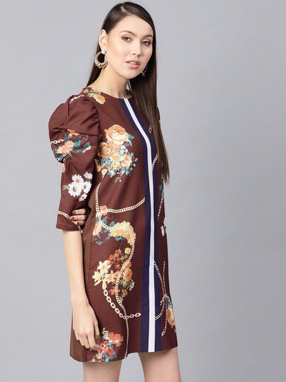 Women's Burgundy Floral Placement Print Shift Dress
