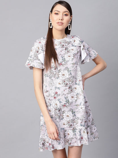 Women's Grey Floral Frill Hem Shift Dress