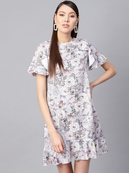 Women's Grey Floral Frill Hem Shift Dress