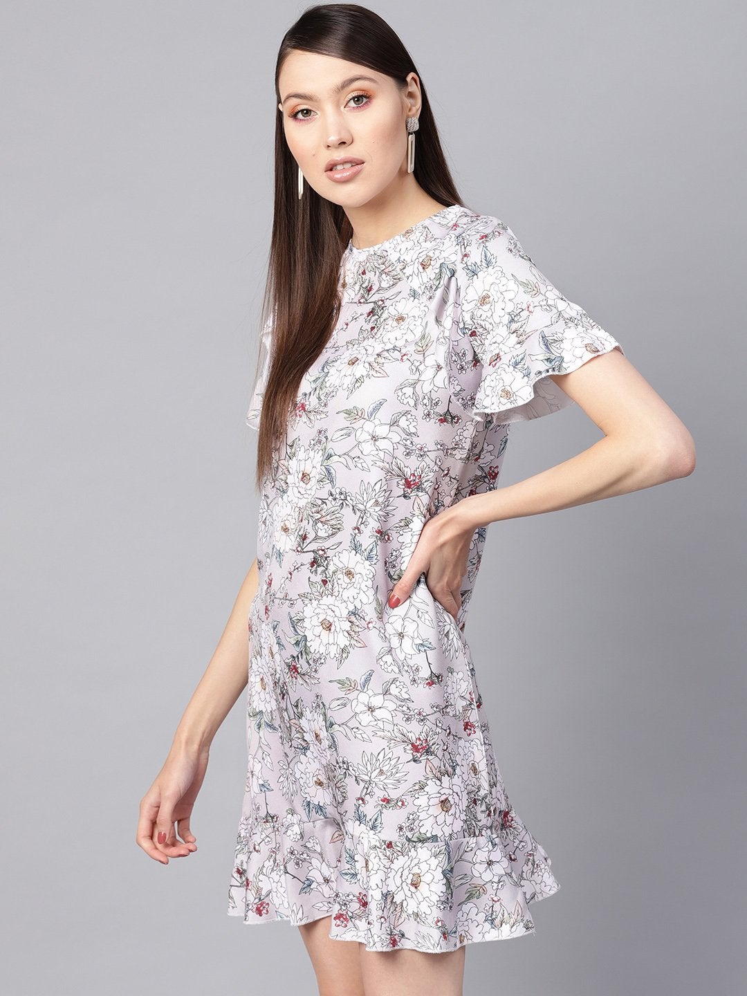 Women's Grey Floral Frill Hem Shift Dress
