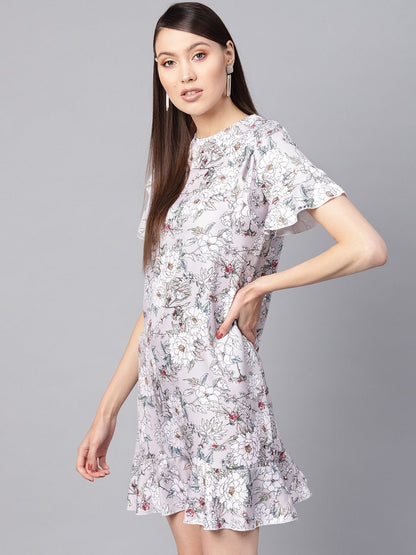 Women's Grey Floral Frill Hem Shift Dress