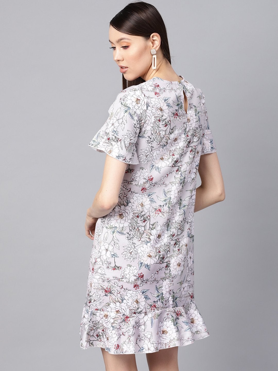 Women's Grey Floral Frill Hem Shift Dress