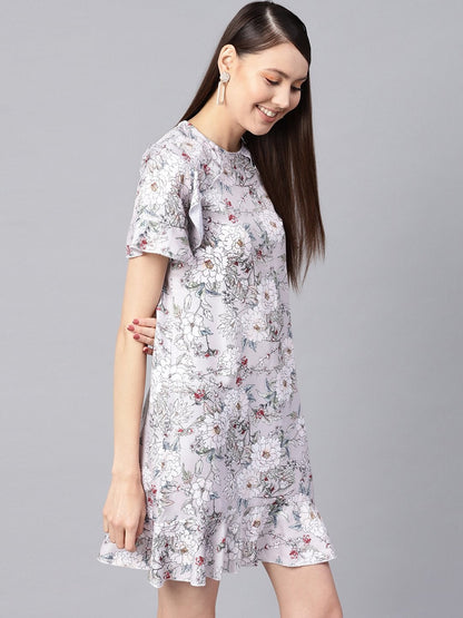Women's Grey Floral Frill Hem Shift Dress