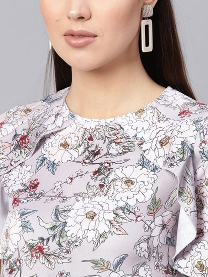 Women's Grey Floral Frill Hem Shift Dress
