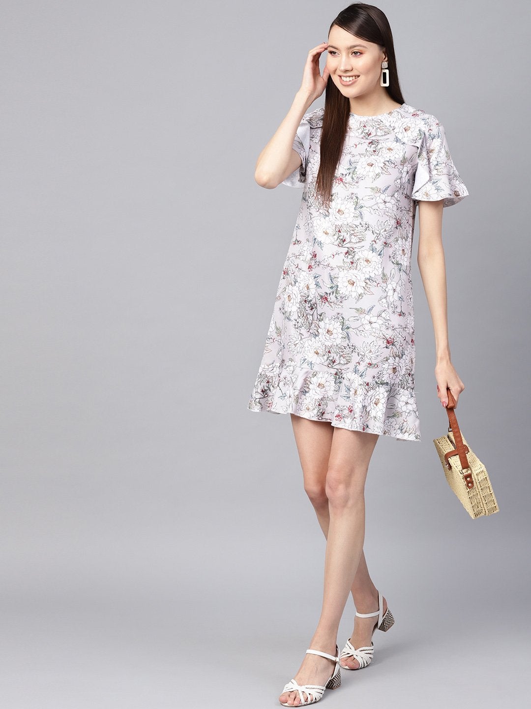 Women's Grey Floral Frill Hem Shift Dress