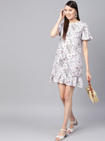 Women's Grey Floral Frill Hem Shift Dress