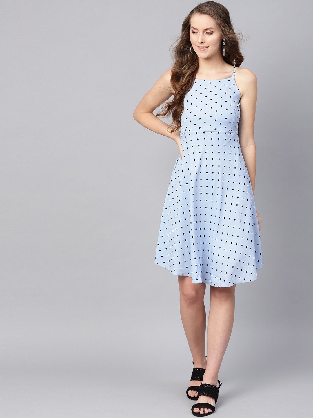 Women's Blue Dot Strappy Fit & Flare Dress