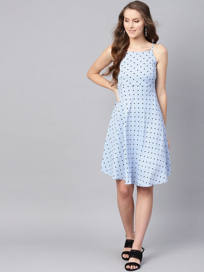 Women's Blue Dot Strappy Fit & Flare Dress